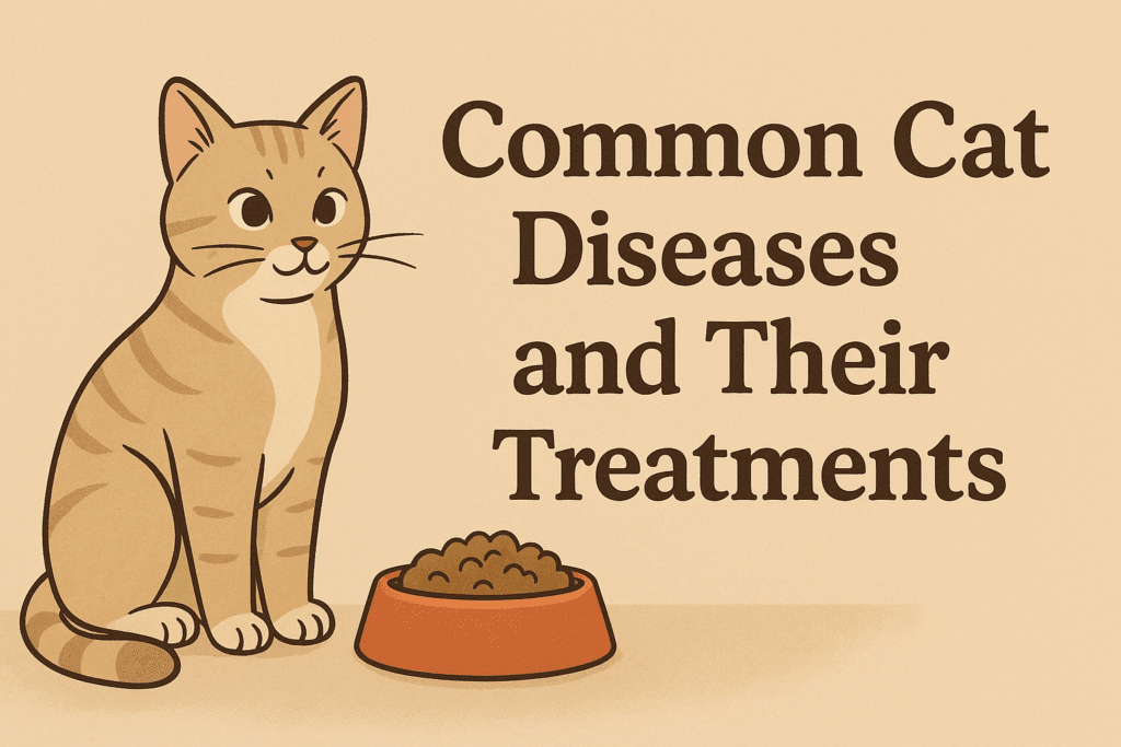 A digital illustration showing a light brown tabby cat resting on a clean surface beside medical items like a stethoscope and pills, symbolizing common cat diseases and treatments.