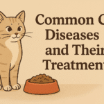 A digital illustration showing a light brown tabby cat resting on a clean surface beside medical items like a stethoscope and pills, symbolizing common cat diseases and treatments.