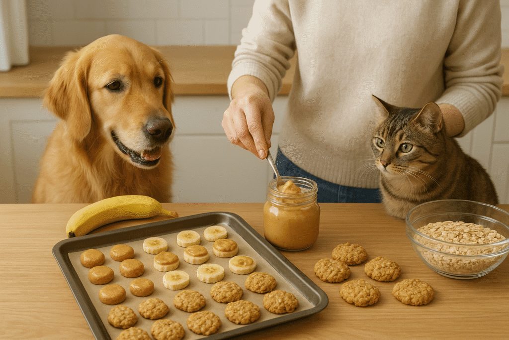 A warm, sunlit kitchen counter scene showing a person preparing homemade pet treats — peanut butter bites, banana rounds, and oatmeal cookies — on a baking tray. A golden retriever and a tabby cat sit nearby, watching eagerly as the person scoops peanut butter from a jar. The setting features natural light, wooden countertops, and a cozy, inviting atmosphere.