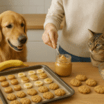 A warm, sunlit kitchen counter scene showing a person preparing homemade pet treats — peanut butter bites, banana rounds, and oatmeal cookies — on a baking tray. A golden retriever and a tabby cat sit nearby, watching eagerly as the person scoops peanut butter from a jar. The setting features natural light, wooden countertops, and a cozy, inviting atmosphere.