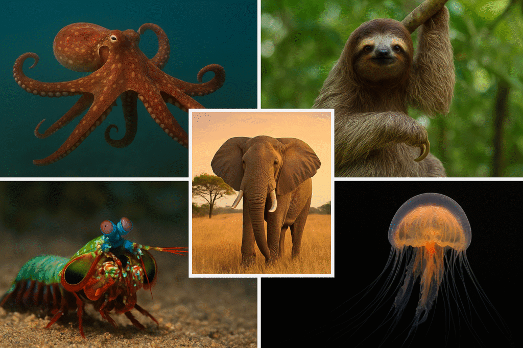 ChatGPT said: A collage showing an octopus, sloth, elephant, mantis shrimp, and jellyfish in their natural habitats.