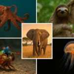 ChatGPT said: A collage showing an octopus, sloth, elephant, mantis shrimp, and jellyfish in their natural habitats.
