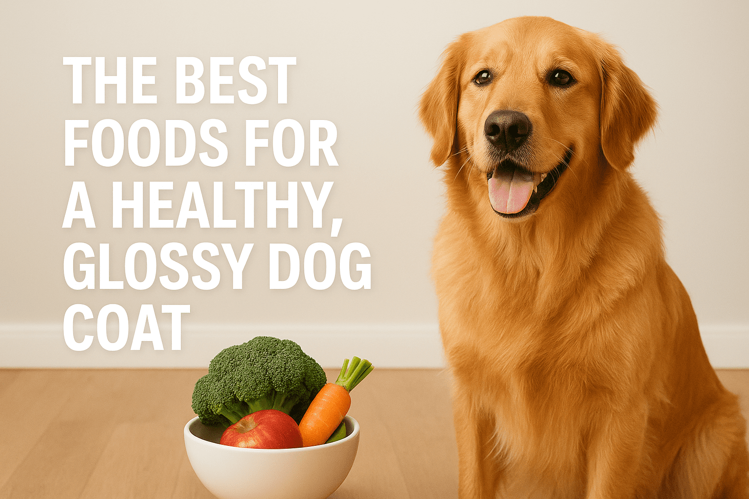 golden retriever with a shiny golden coat sitting beside a bowl of fresh vegetables including broccoli, carrot, and an apple, with text reading “The Best Foods for a Healthy, Glossy Dog Coat” on a soft beige background.