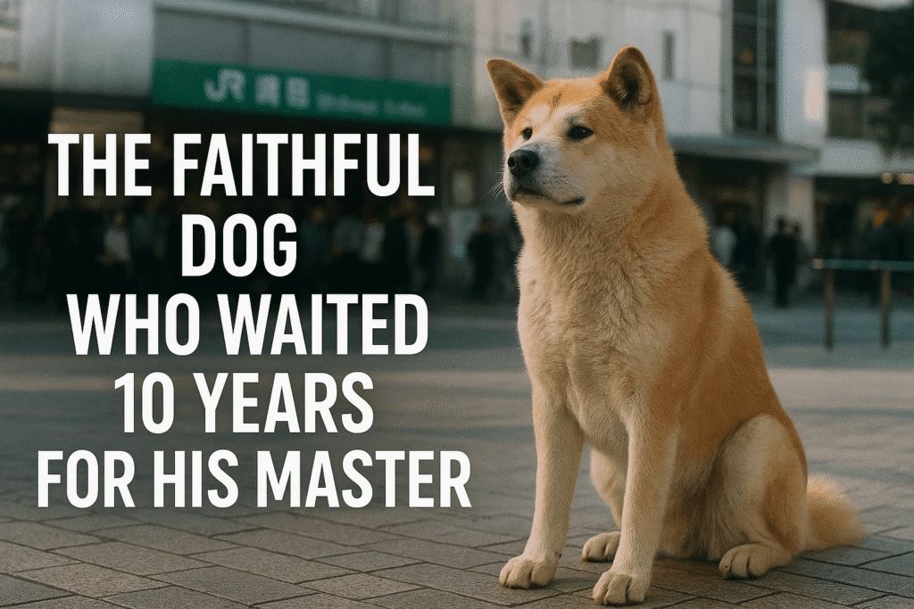 A faithful dog sitting near Shibuya Station in Japan, waiting for his master – Hachikō story illustration.