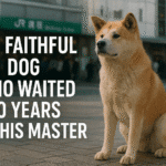 A faithful dog sitting near Shibuya Station in Japan, waiting for his master – Hachikō story illustration.