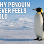 A penguin standing on Antarctic ice, showing how a penguin stays warm in freezing temperatures with feathers and blubber.
