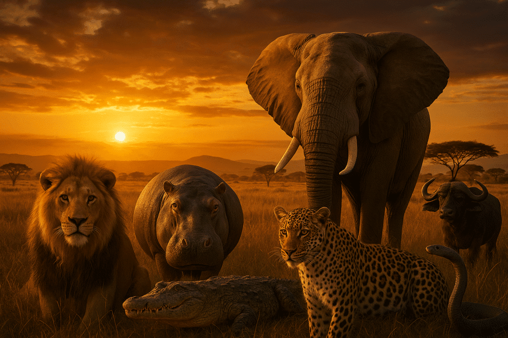 ChatGPT said: African wildlife — lion, elephant, hippo, crocodile, buffalo, leopard, and black mamba — in a golden savanna sunset.