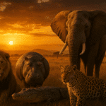 ChatGPT said: African wildlife — lion, elephant, hippo, crocodile, buffalo, leopard, and black mamba — in a golden savanna sunset.