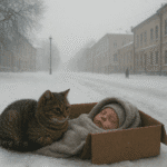 cat sit near the baby