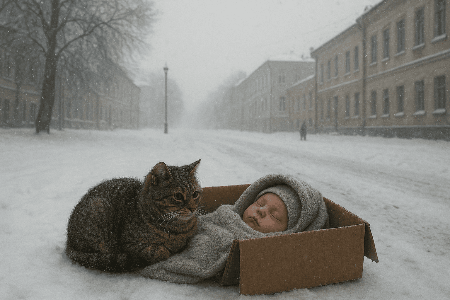 cat sit near the baby