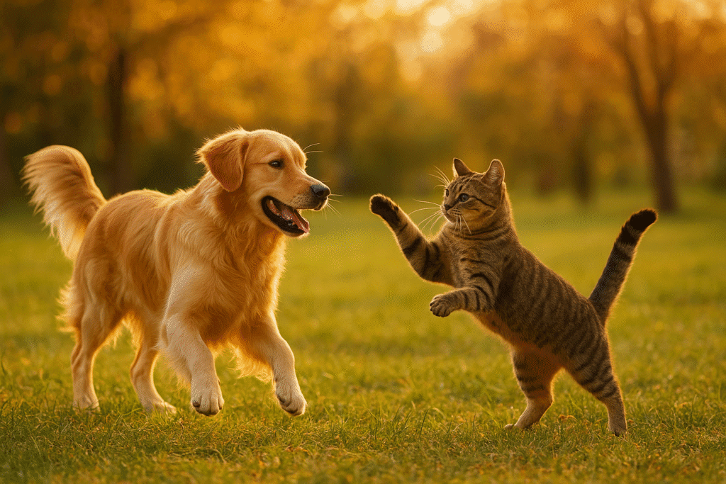Happy pet dog and cat playing outdoors during sunset, symbolizing an active and joyful pet lifestyle.