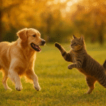 Happy pet dog and cat playing outdoors during sunset, symbolizing an active and joyful pet lifestyle.