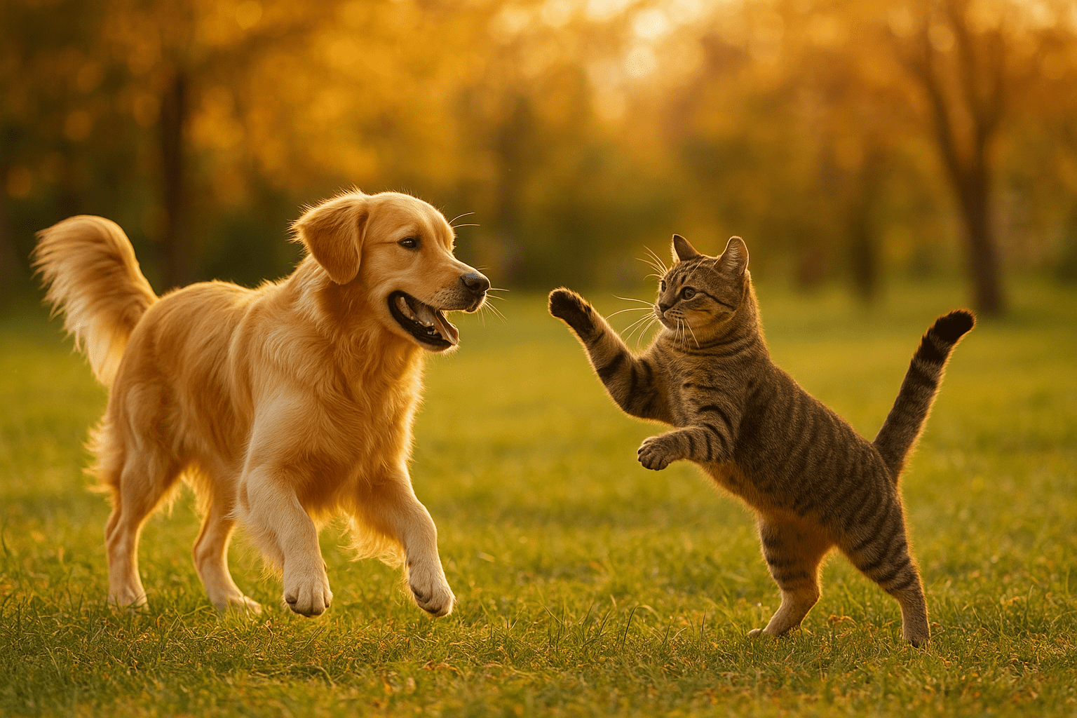 Happy pet dog and cat playing outdoors during sunset, symbolizing an active and joyful pet lifestyle.