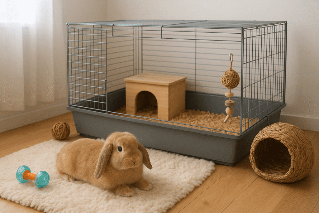 Realistic photo of a cozy pet rabbit home setup with large cage, soft bedding, toys, and natural light in a clean indoor environment.