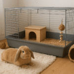 Realistic photo of a cozy pet rabbit home setup with large cage, soft bedding, toys, and natural light in a clean indoor environment.