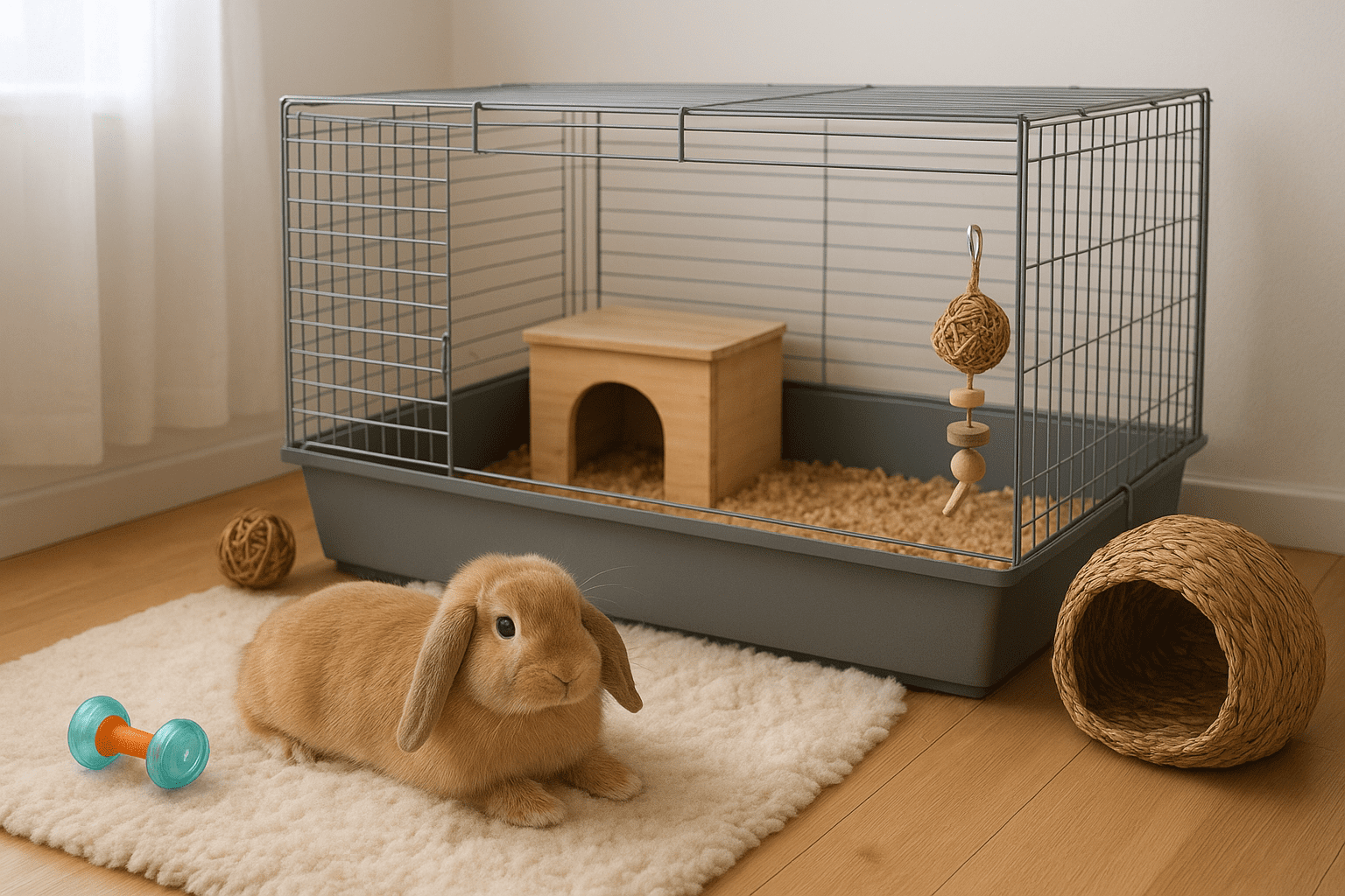 Realistic photo of a cozy pet rabbit home setup with large cage, soft bedding, toys, and natural light in a clean indoor environment.