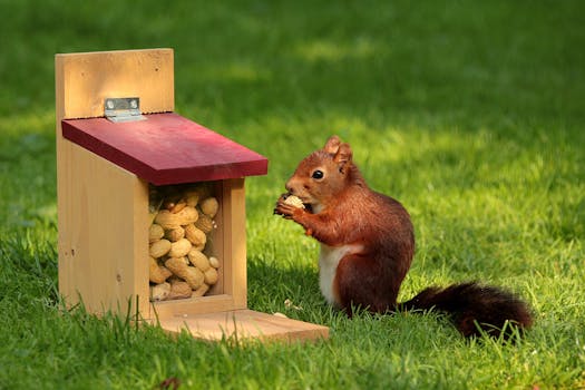 A squirrel feasts on peanuts from a backyard feeder on a sunny day.