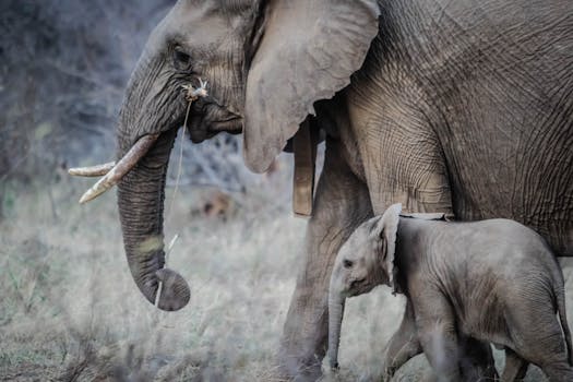 Close-up of African animal elephant mother and calf in the wild, South Africa