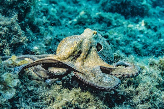 Close-up of an octopus in its natural underwater habitat displaying intricate textures and colors.